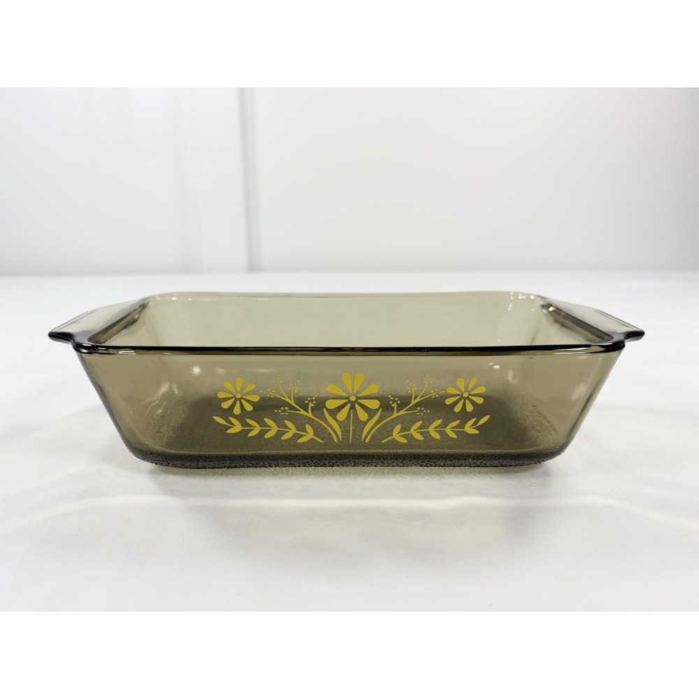 Vintage Glasbake Smoked Amber Glass Yellow Daisy Flower Loaf Pan Casserole Dish